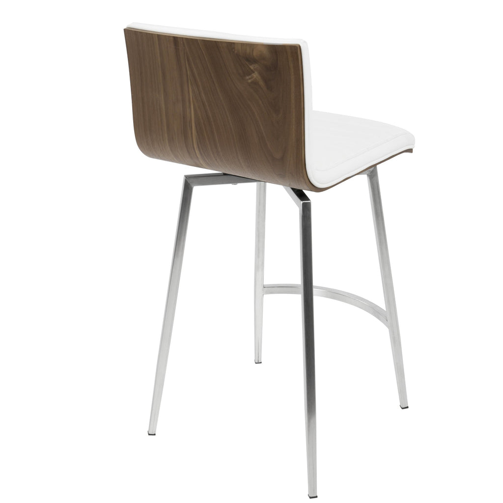 Mason 26" Fixed-Height Counter Stool - Set of 2 - Stainless Steel, Walnut Wood, White PU