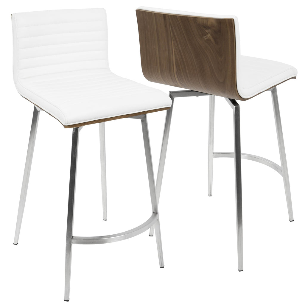 Mason 26" Fixed-Height Counter Stool - Set of 2 - Stainless Steel, Walnut Wood, White PU
