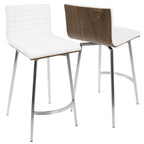 Mason 26" Fixed-Height Counter Stool - Set of 2 - Stainless Steel, Walnut Wood, White PU