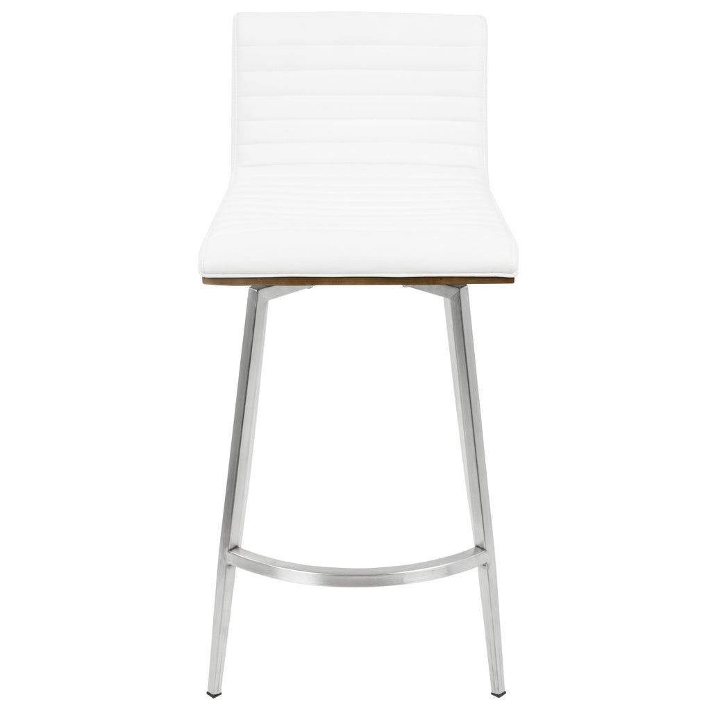 Mason 26" Fixed-Height Counter Stool - Set of 2 - Stainless Steel, Walnut Wood, White PU