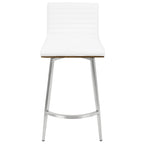 Mason 26" Fixed-Height Counter Stool - Set of 2 - Stainless Steel, Walnut Wood, White PU