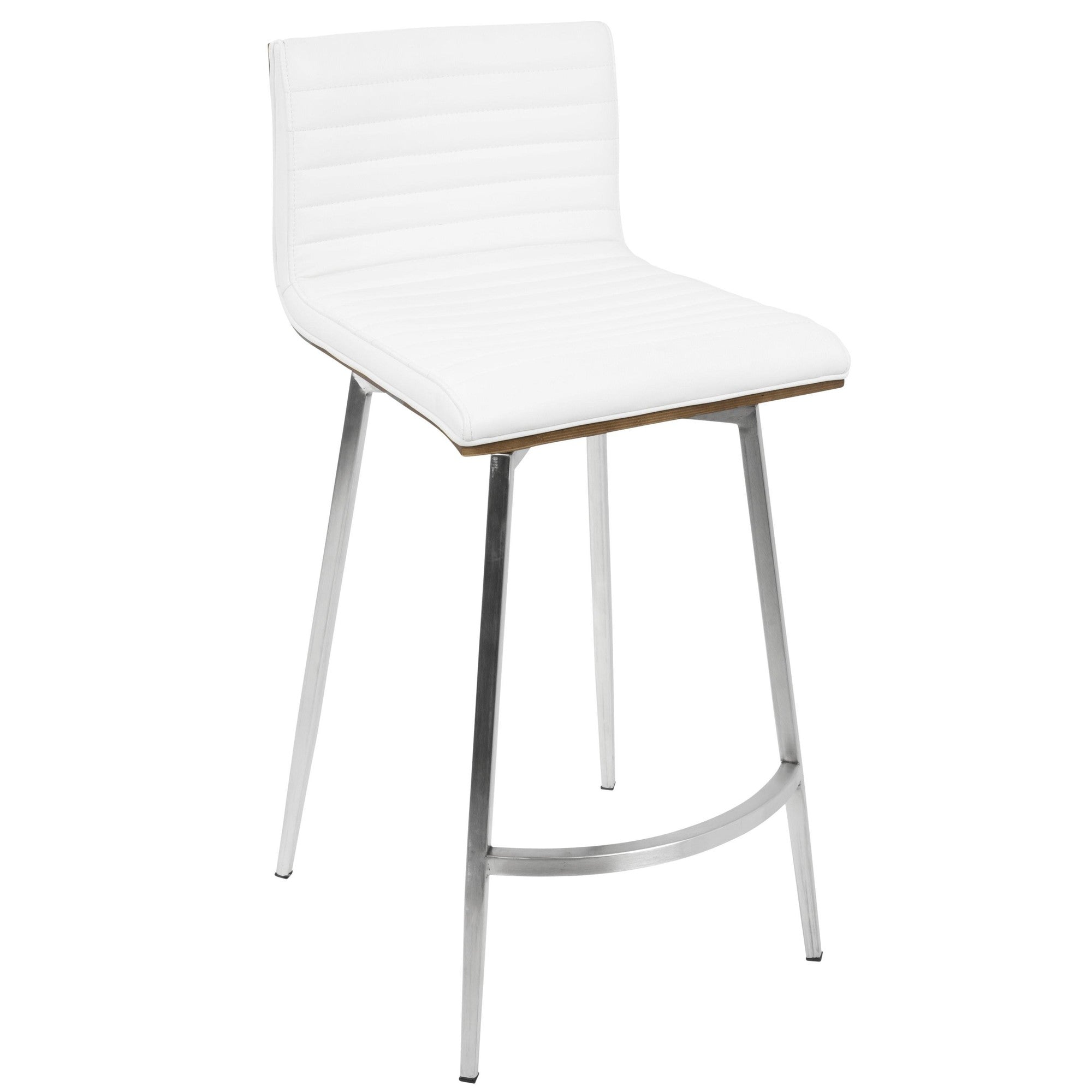 Mason 26" Fixed-Height Counter Stool - Set of 2 - Stainless Steel, Walnut Wood, White PU