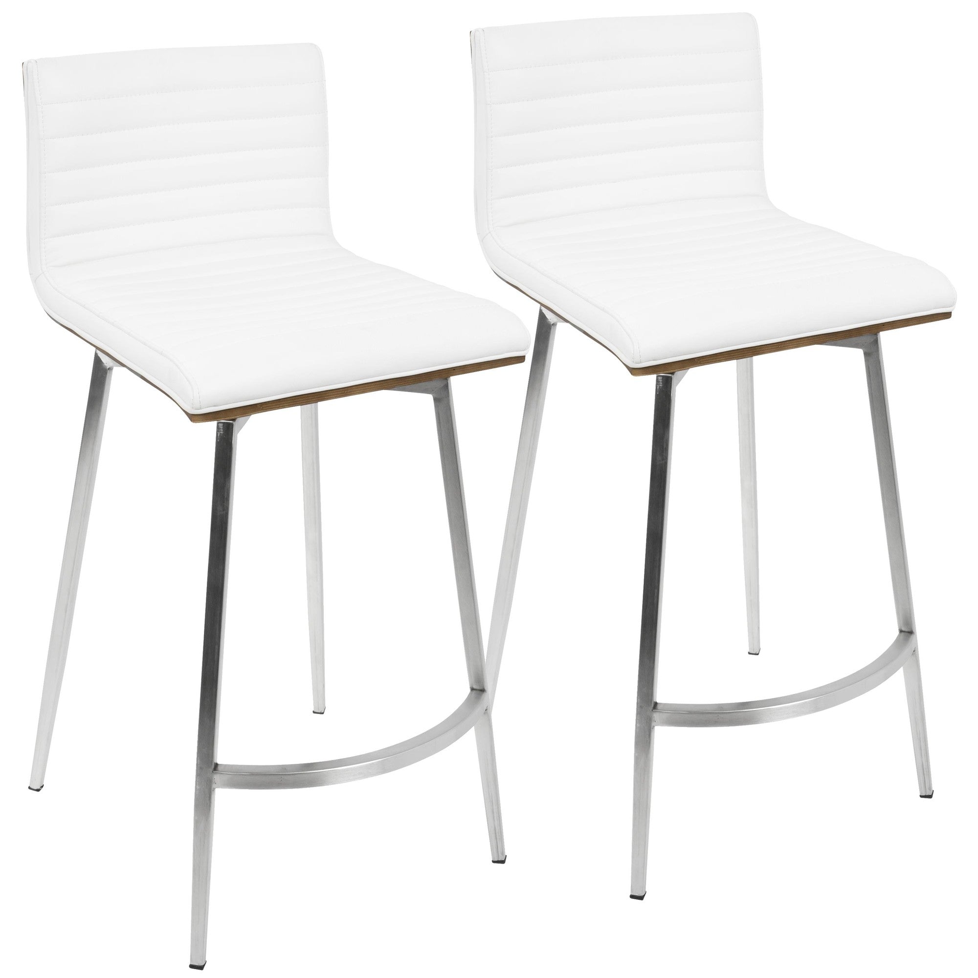 Mason 26" Fixed-Height Counter Stool - Set of 2 - Stainless Steel, Walnut Wood, White PU