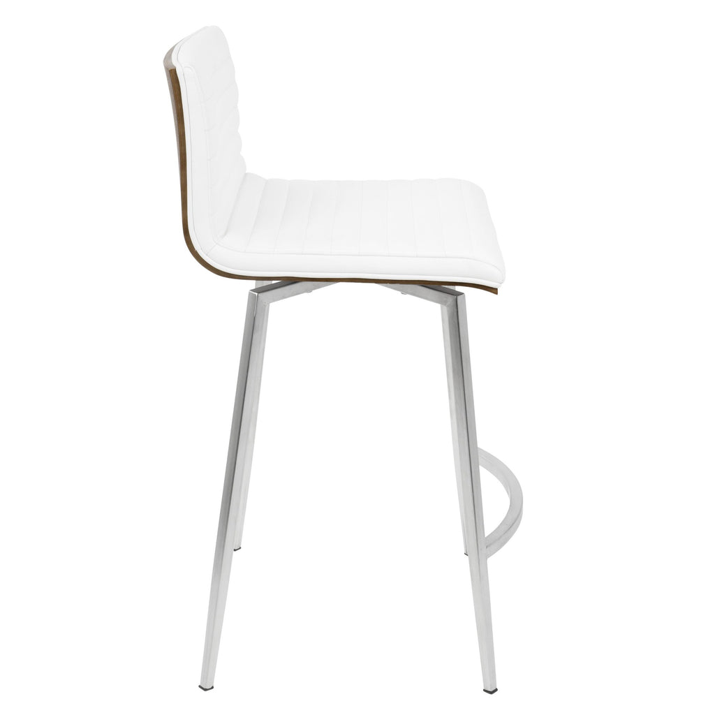 Mason 26" Fixed-Height Counter Stool - Set of 2 - Stainless Steel, Walnut Wood, White PU