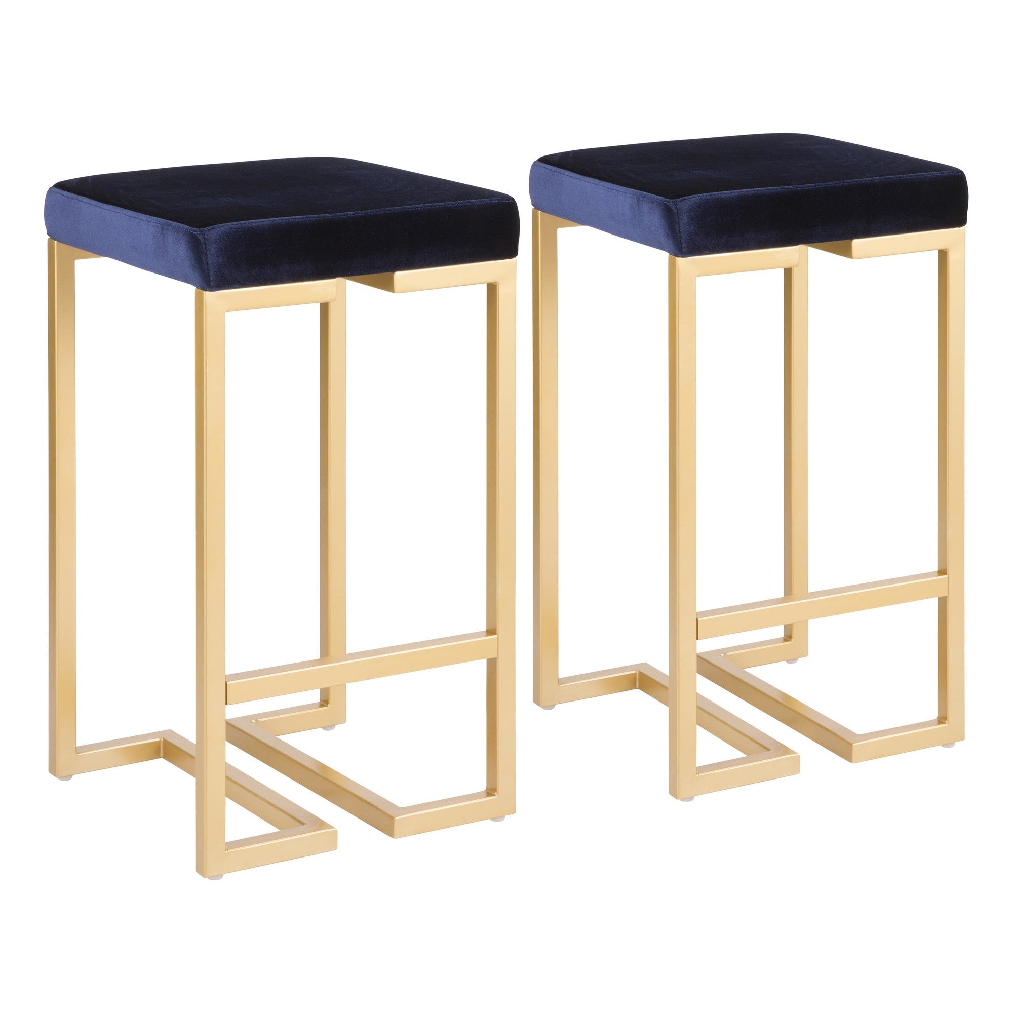 Midas 26" Fixed-Height Counter Stool - Set of 2 - Gold Metal, Royal Blue Velvet