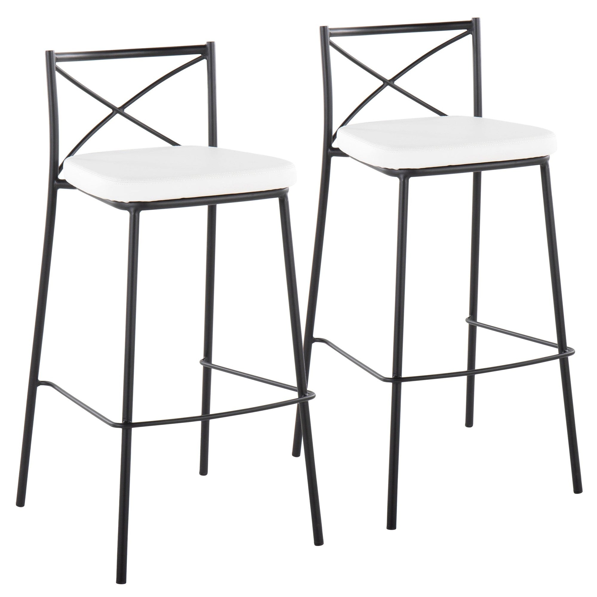 Modern Charlotte 30" Fixed-Height Barstool - Set of 2 - Black Metal, White PU