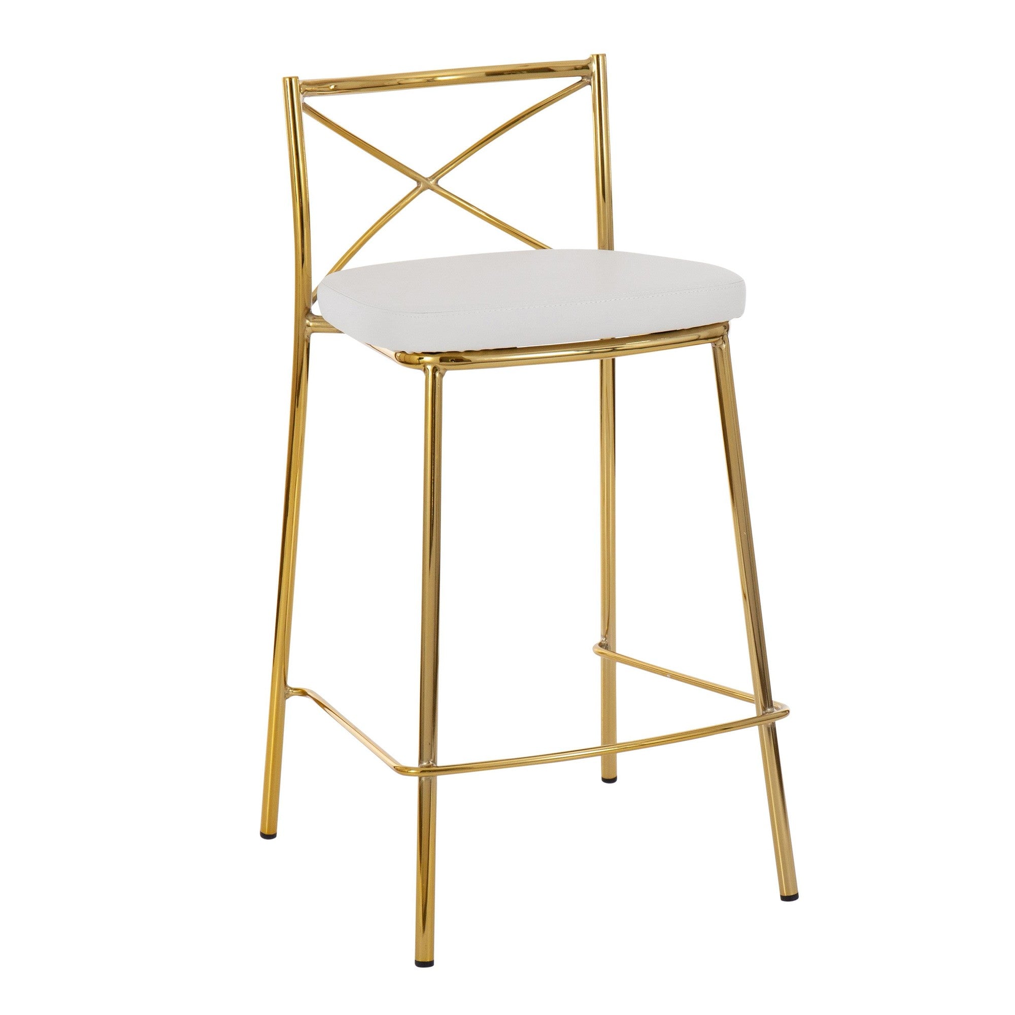 Modern Charlotte 25" Fixed-Height Counter Stool - Set of 2 - Gold Metal, White PU