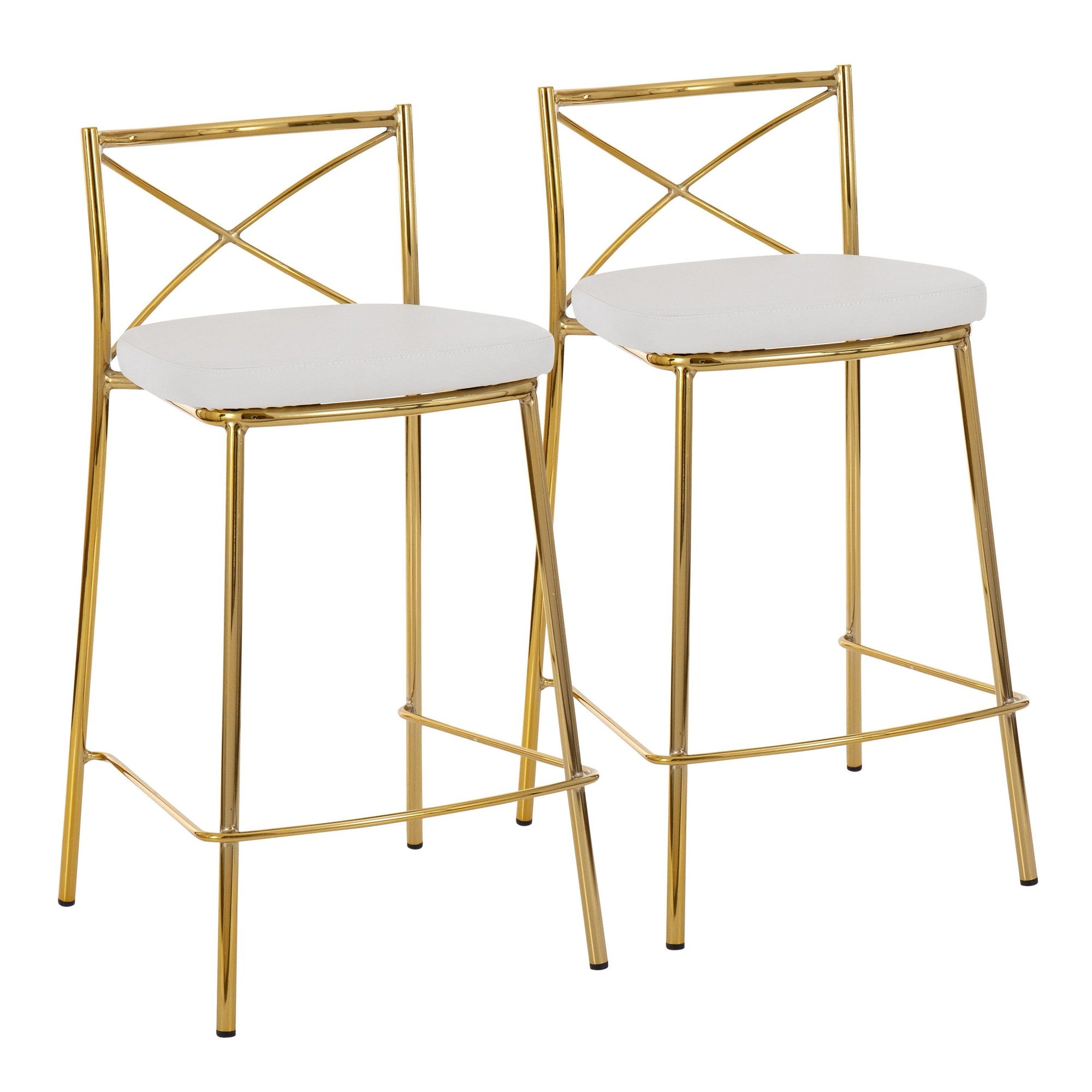 Modern Charlotte 25" Fixed-Height Counter Stool - Set of 2 - Gold Metal, White PU