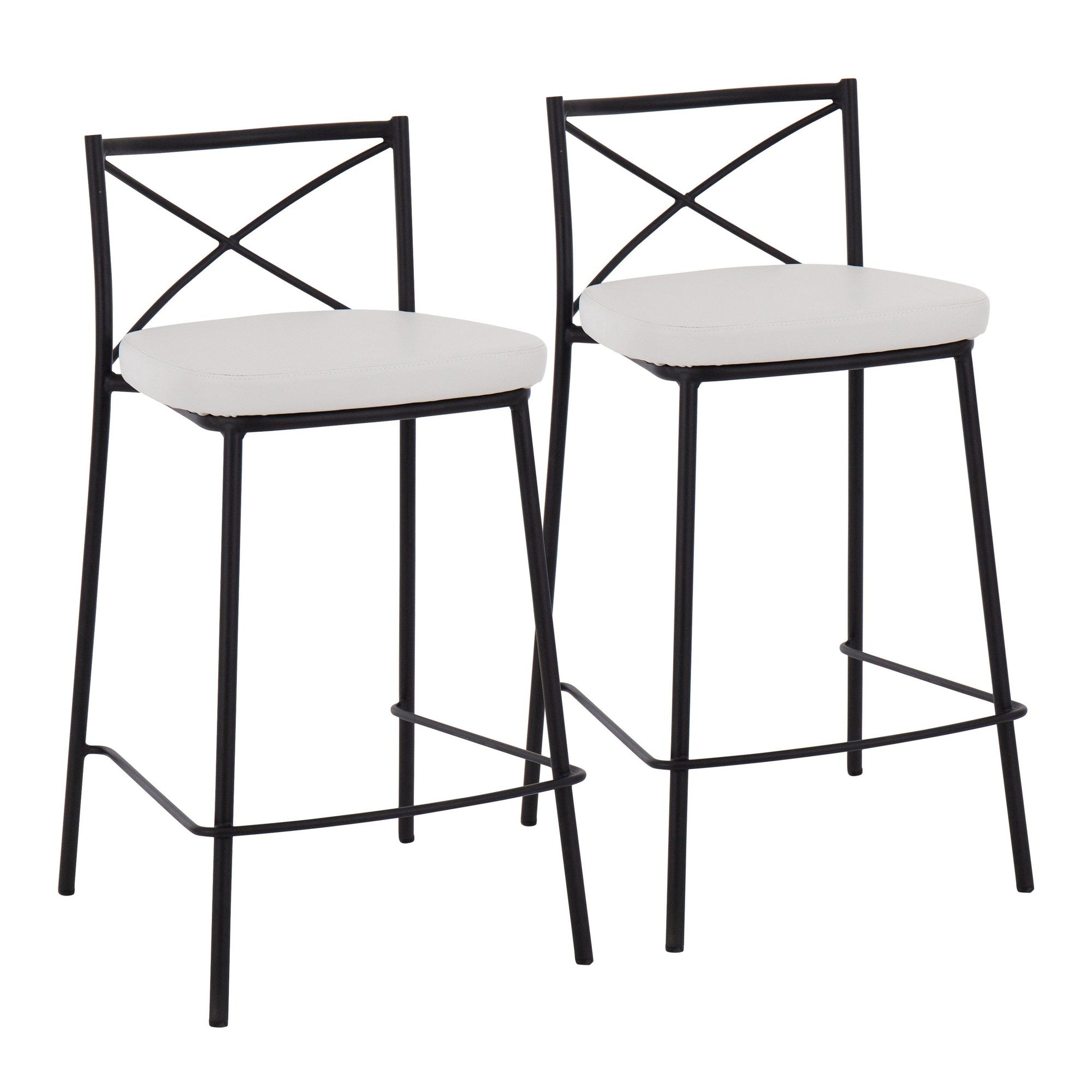 Modern Charlotte 25" Fixed-Height Counter Stool - Set of 2 - Black Metal, White PU