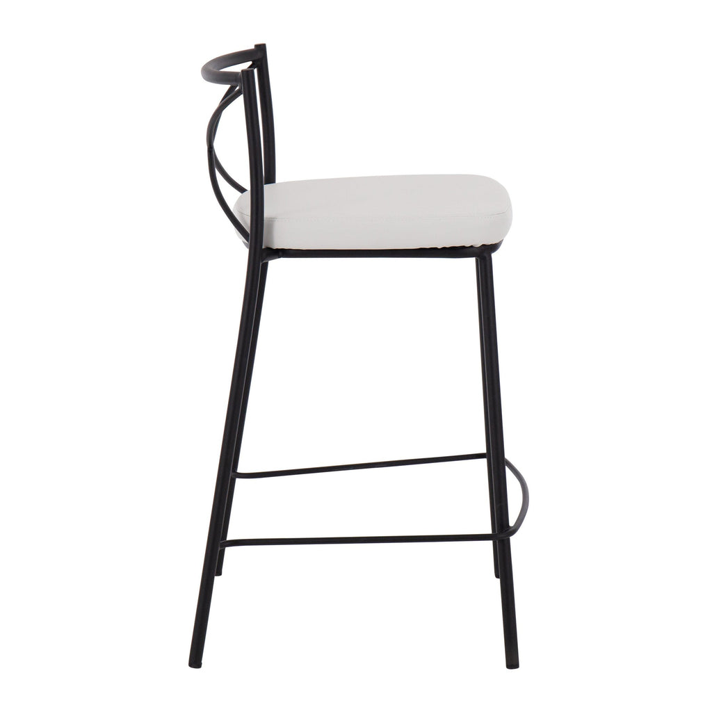 Modern Charlotte 25" Fixed-Height Counter Stool - Set of 2 - Black Metal, White PU