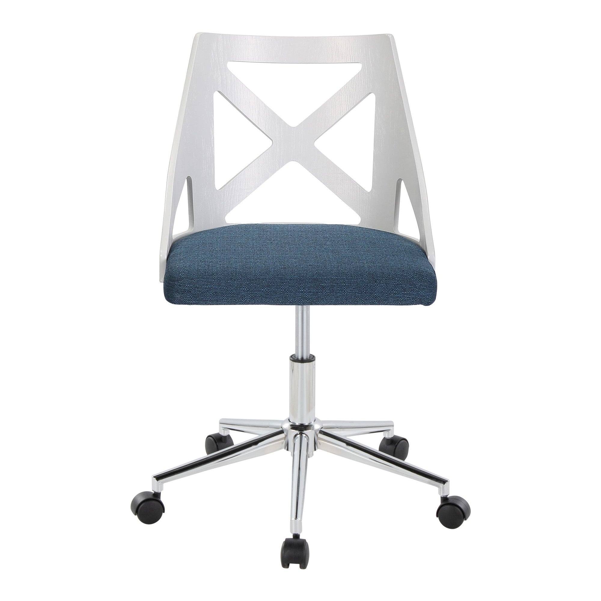 Charlotte Office Chair - Chrome Metal, White Textured Wood, Blue Fabric