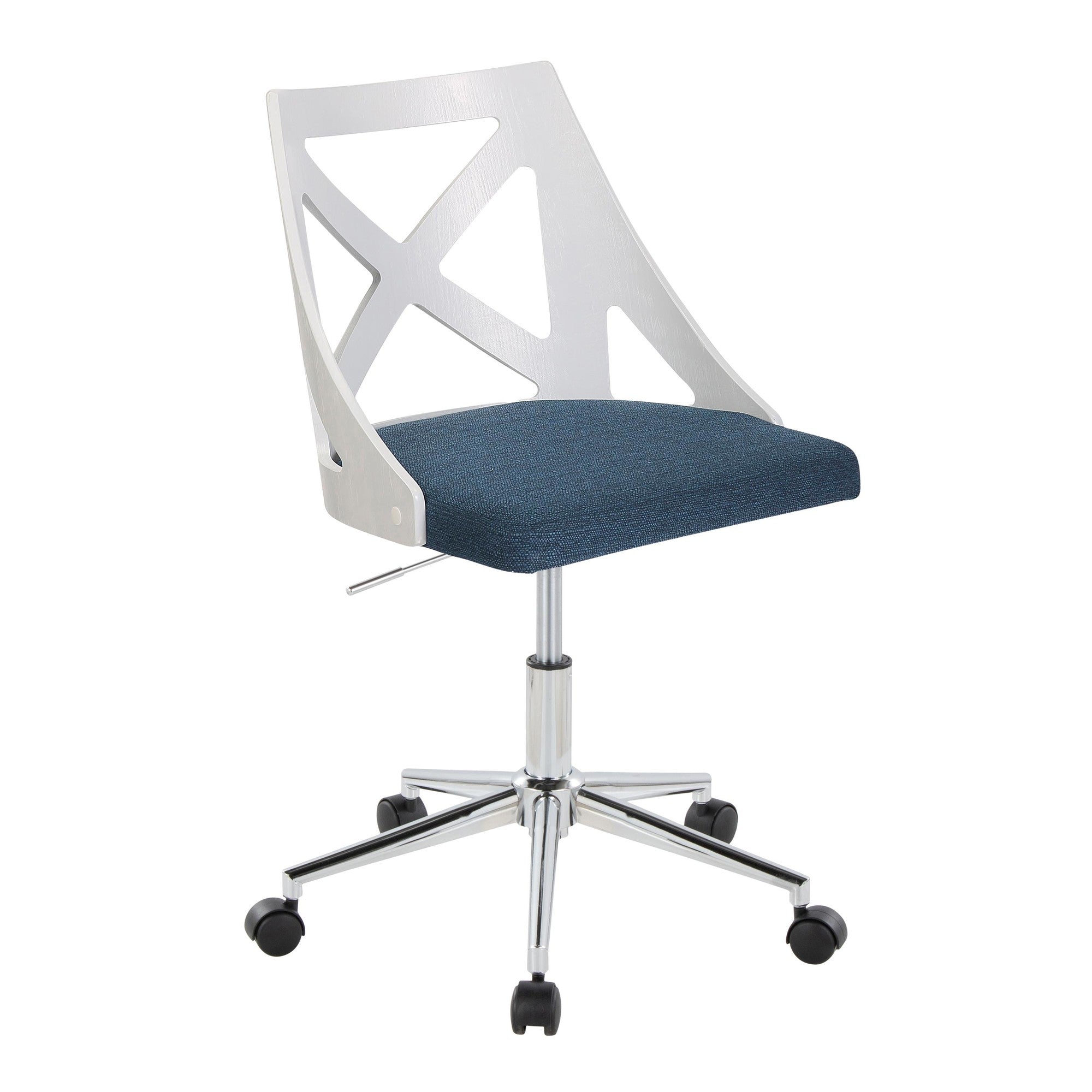 Charlotte Office Chair - Chrome Metal, White Textured Wood, Blue Fabric