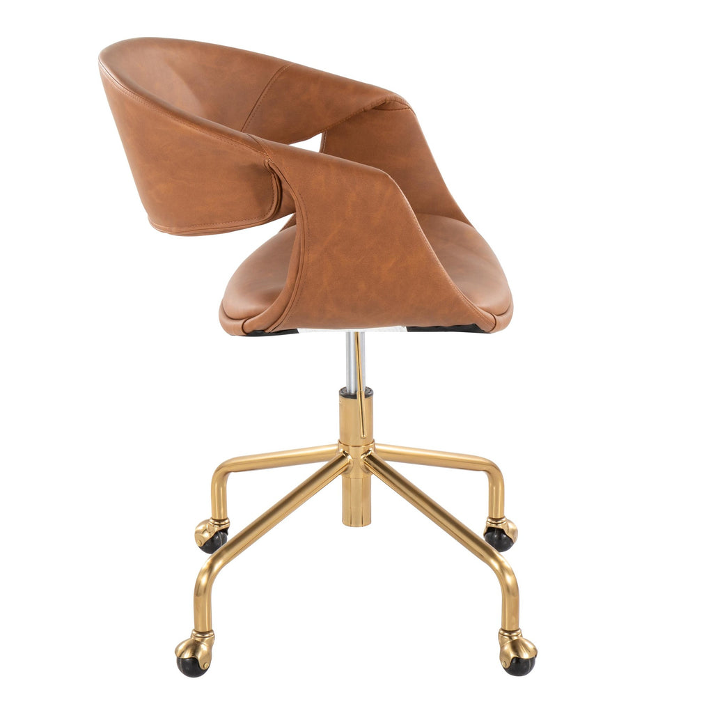Curvo Upholstered 4-star Task Chair - Gold Metal, Camel PU