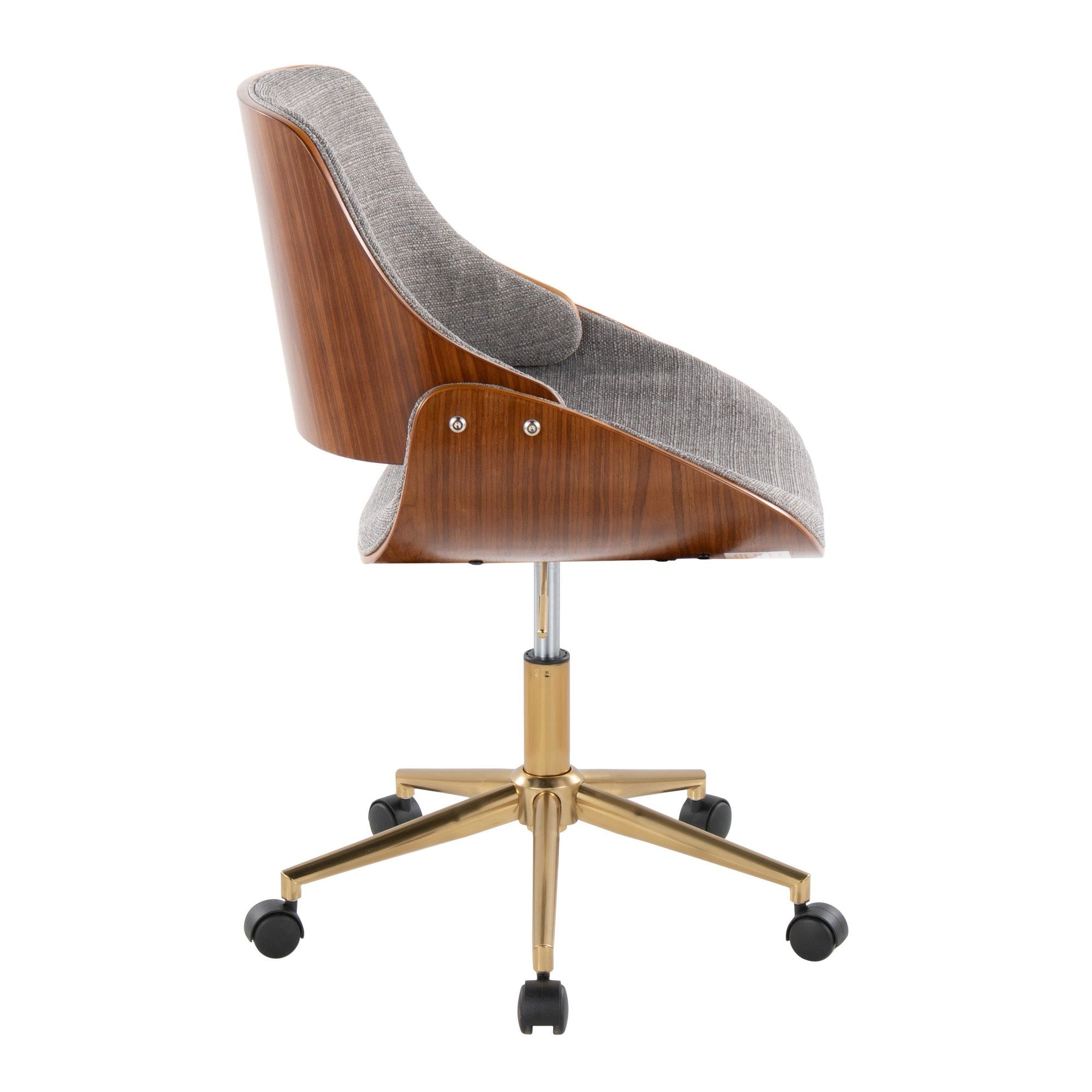 Fabrizzi Office Chair - Gold Metal, Walnut Wood, Grey Fabric