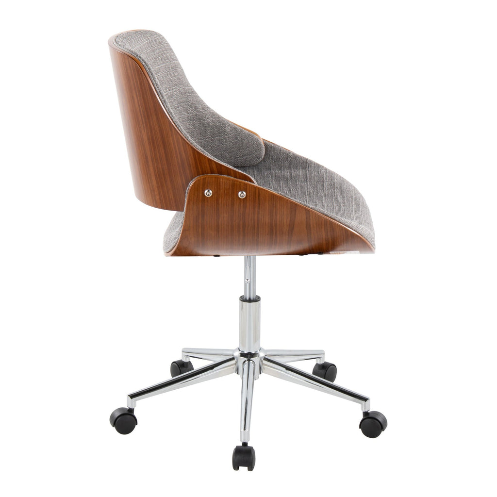 Fabrizzi Office Chair - Chrome Metal, Walnut Wood, Grey Fabric