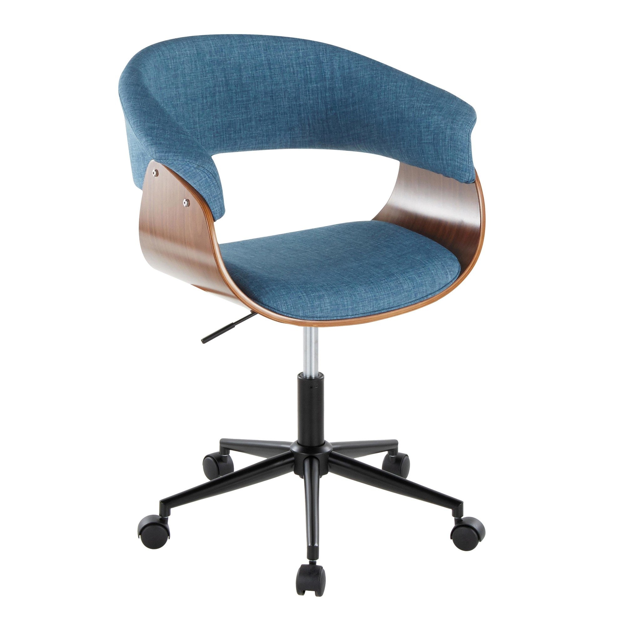 Vintage Mod Office Chair - Black Metal, Walnut Wood, Blue Fabric