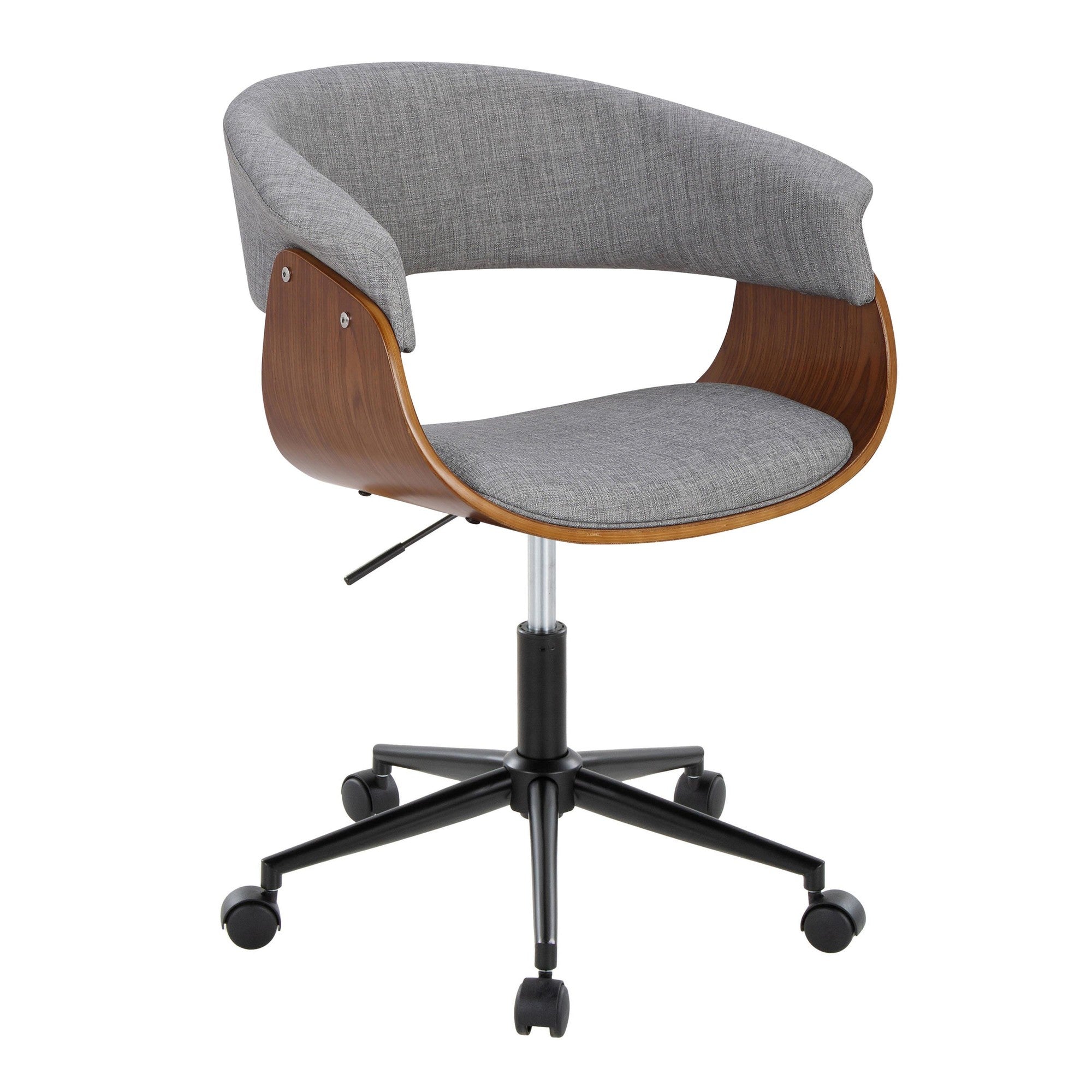 Vintage Mod Office Chair - Black Metal, Walnut Wood, Light Grey Fabric