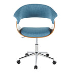 Vintage Mod Office Chair - Chrome Metal, Walnut Wood, Blue Fabric
