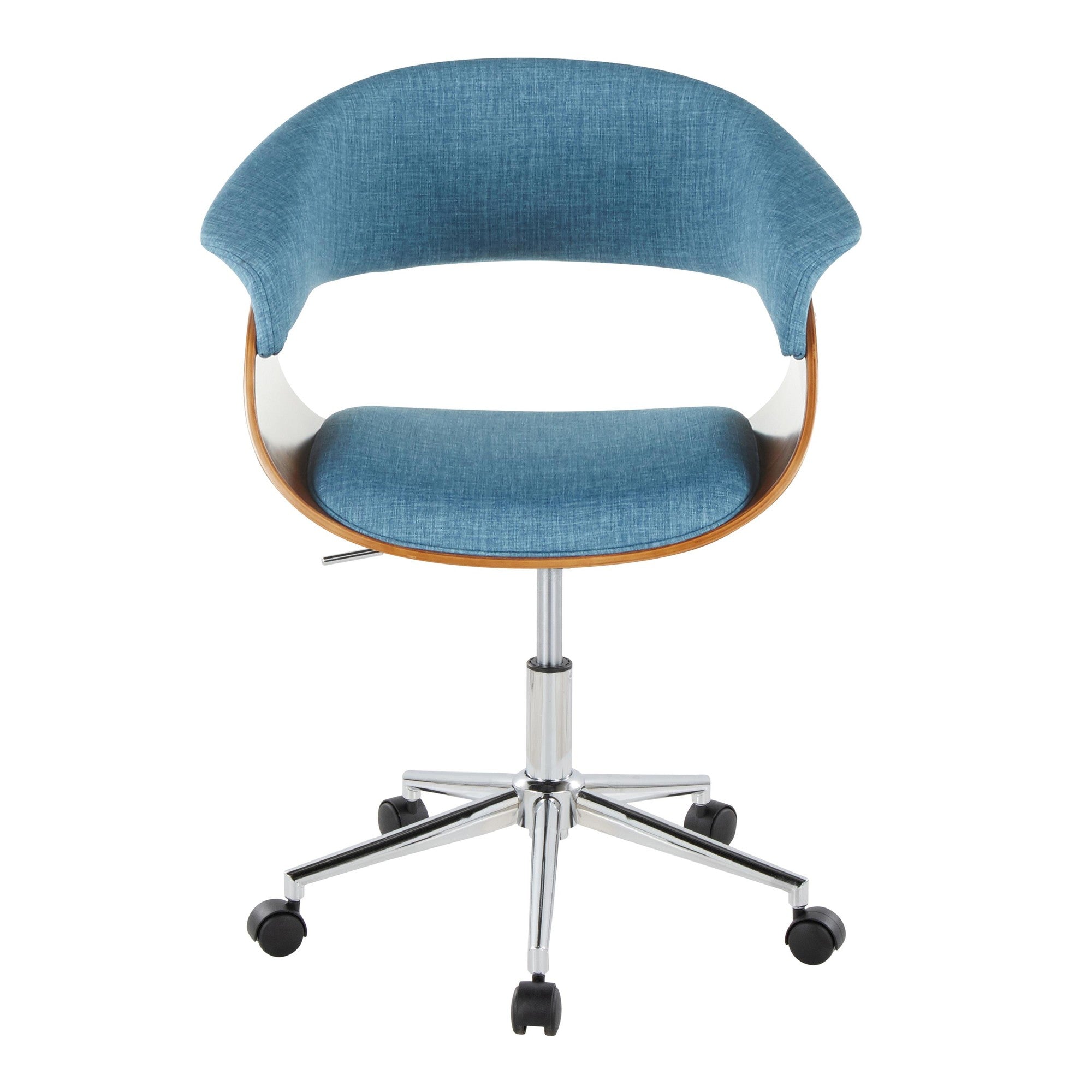 Vintage Mod Office Chair - Chrome Metal, Walnut Wood, Blue Fabric