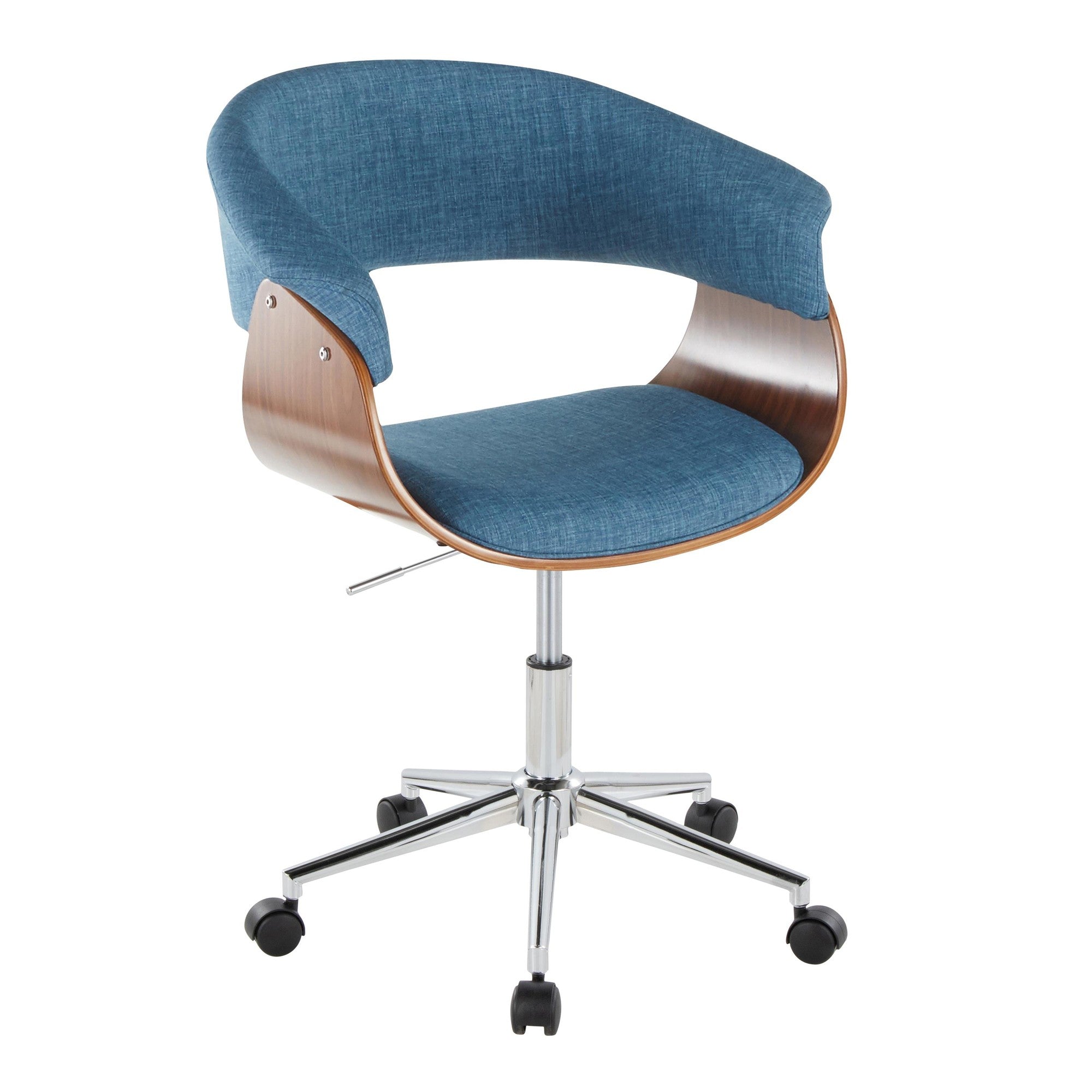 Vintage Mod Office Chair - Chrome Metal, Walnut Wood, Blue Fabric