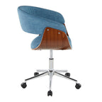 Vintage Mod Office Chair - Chrome Metal, Walnut Wood, Blue Fabric
