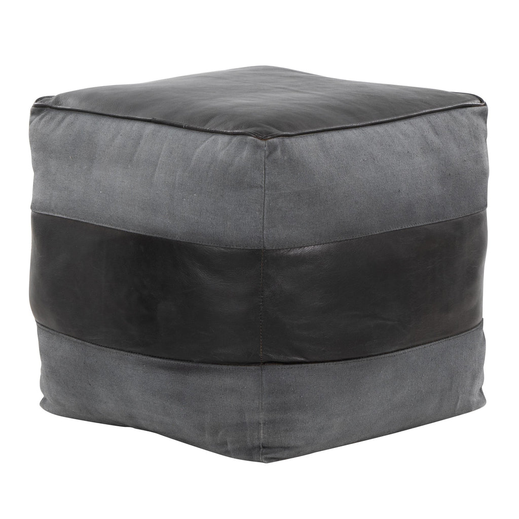 Cobbler Canvas Pouf - Black Leather, Grey Canvas