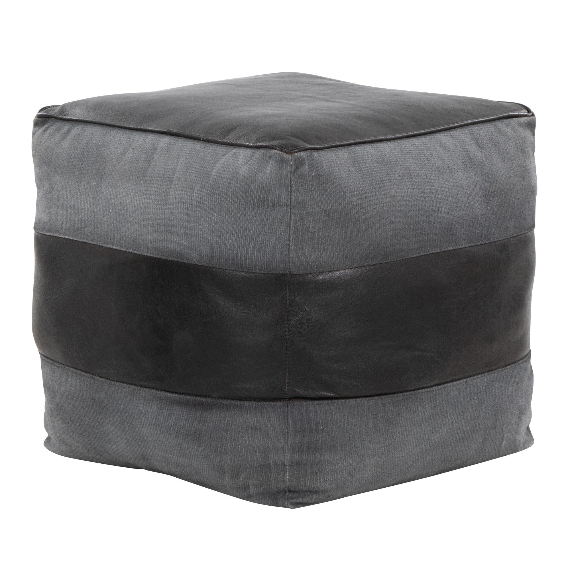 Cobbler Canvas Pouf - Black Leather, Grey Canvas