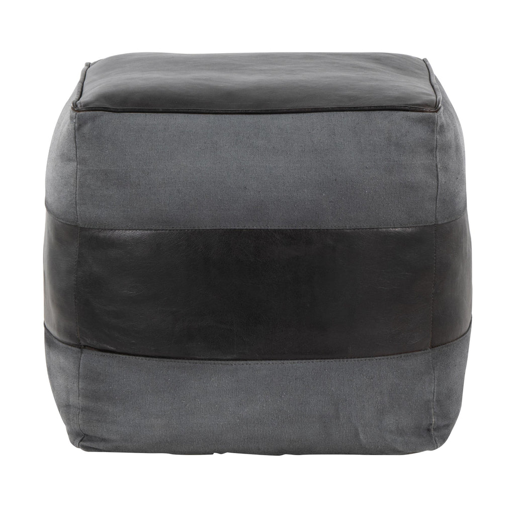 Cobbler Canvas Pouf - Black Leather, Grey Canvas