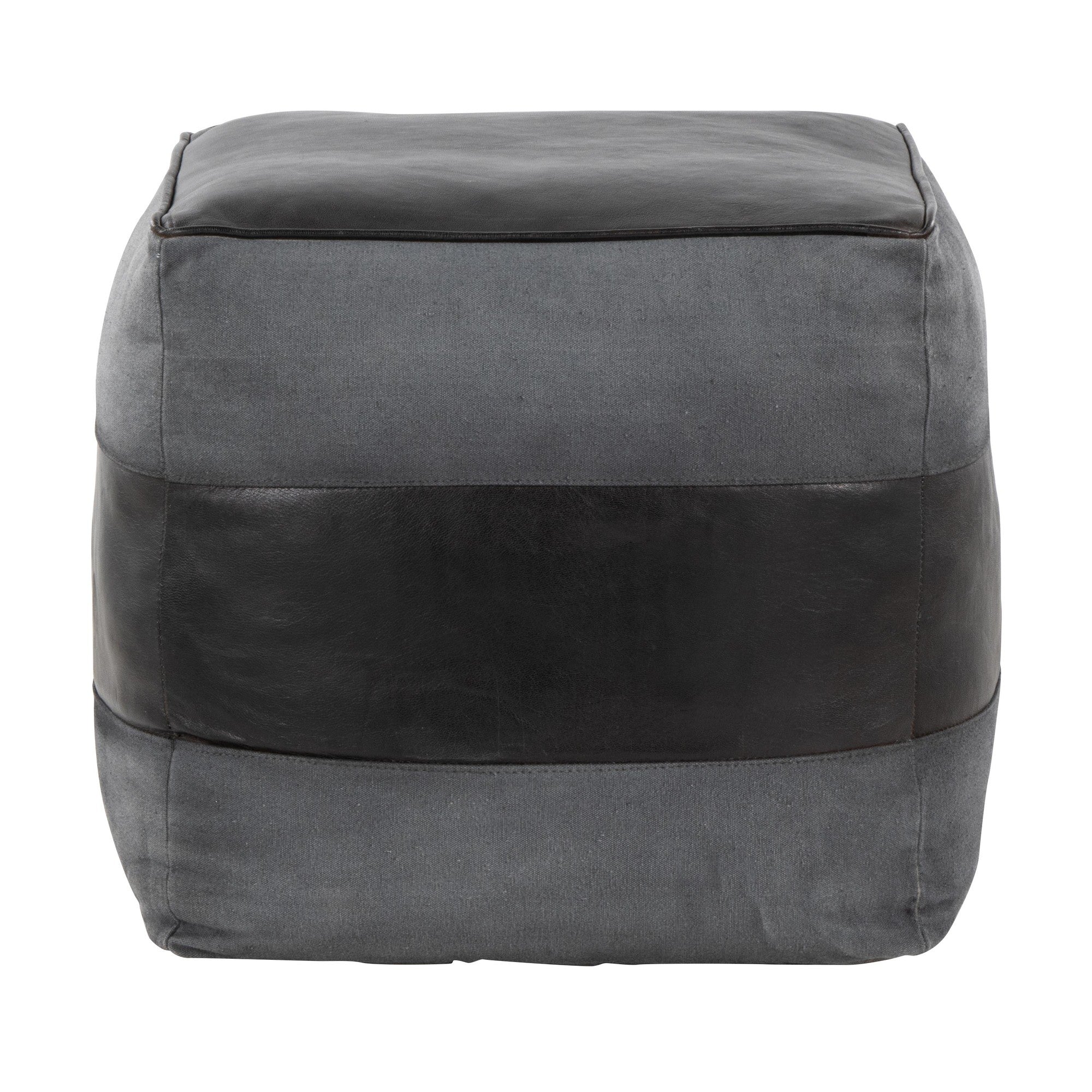Cobbler Canvas Pouf - Black Leather, Grey Canvas