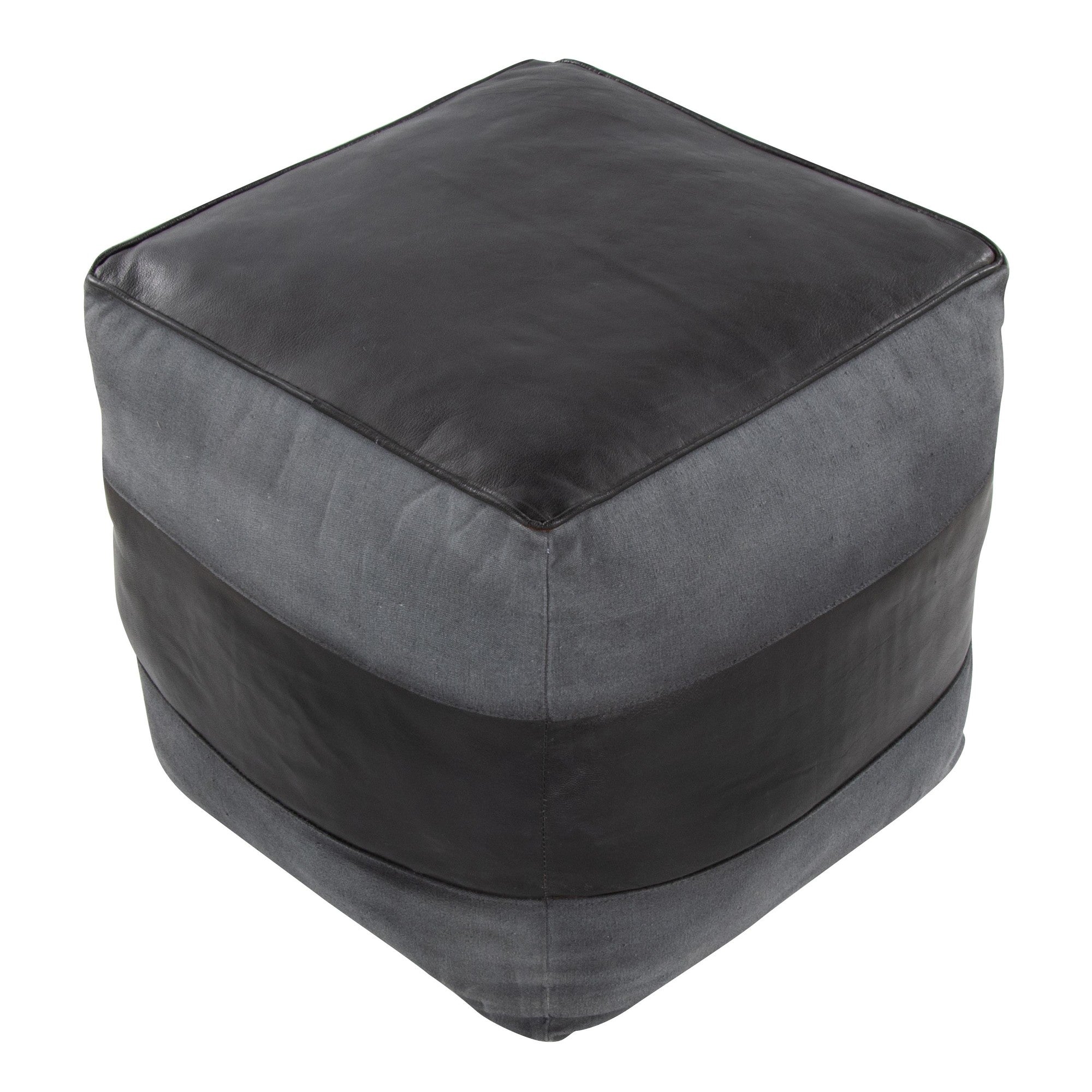 Cobbler Canvas Pouf - Black Leather, Grey Canvas