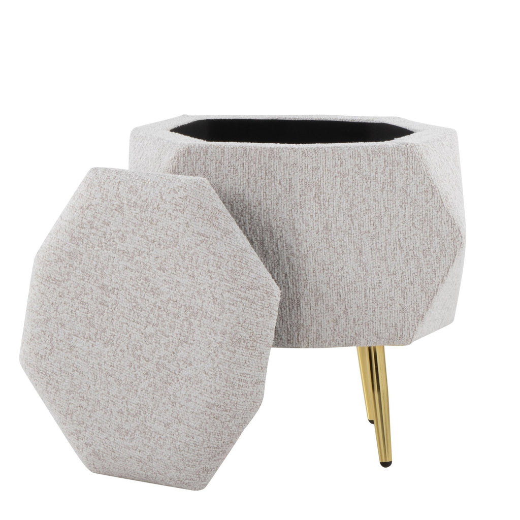 Diamond Ottoman - Gold Metal, Light Grey Fabric