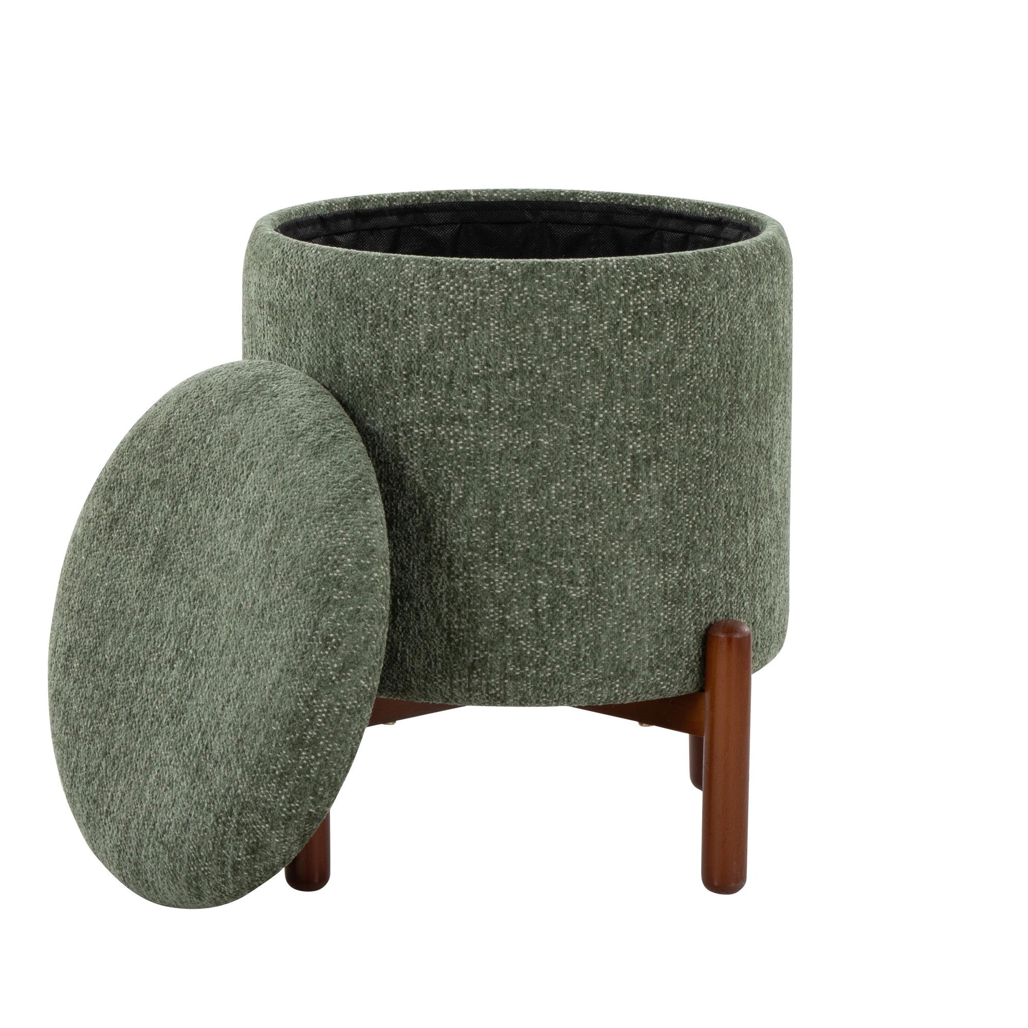 Daniella Wood Storage Ottoman - Walnut Wood, Green Fabric
