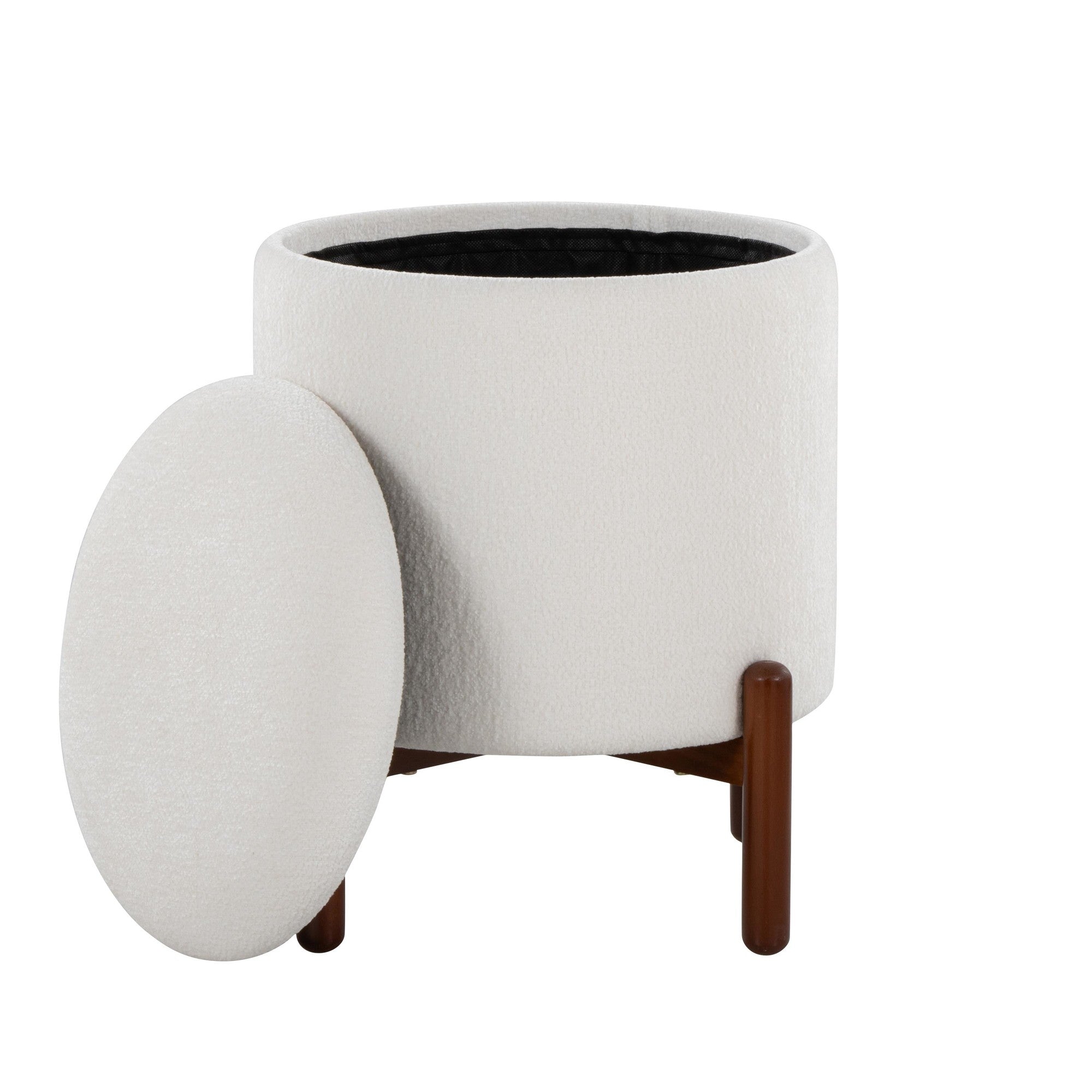 Daniella Wood Storage Ottoman - Walnut Wood, White Fabric