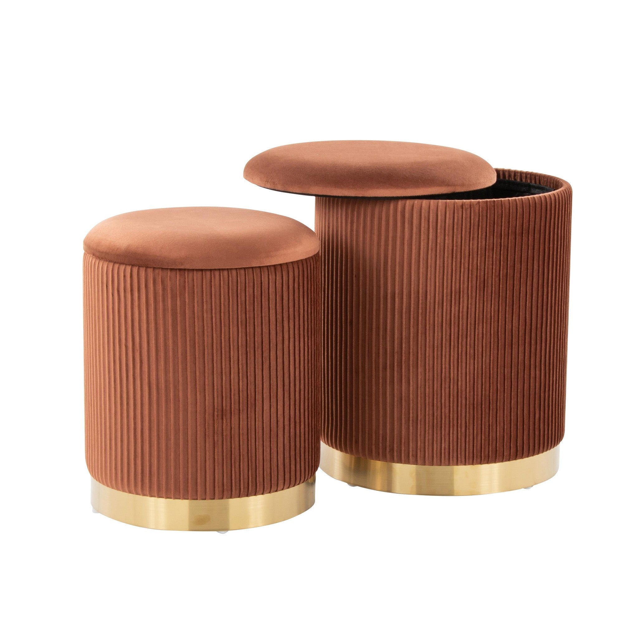 Marla Nesting Pleated Ottoman Set - Gold Metal, Light Brown Velvet