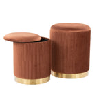 Marla Nesting Pleated Ottoman Set - Gold Metal, Light Brown Velvet