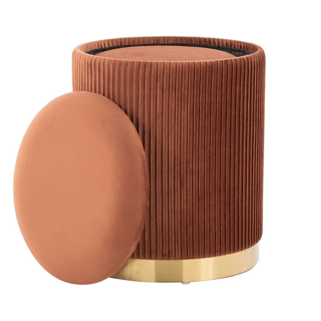 Marla Nesting Pleated Ottoman Set - Gold Metal, Light Brown Velvet