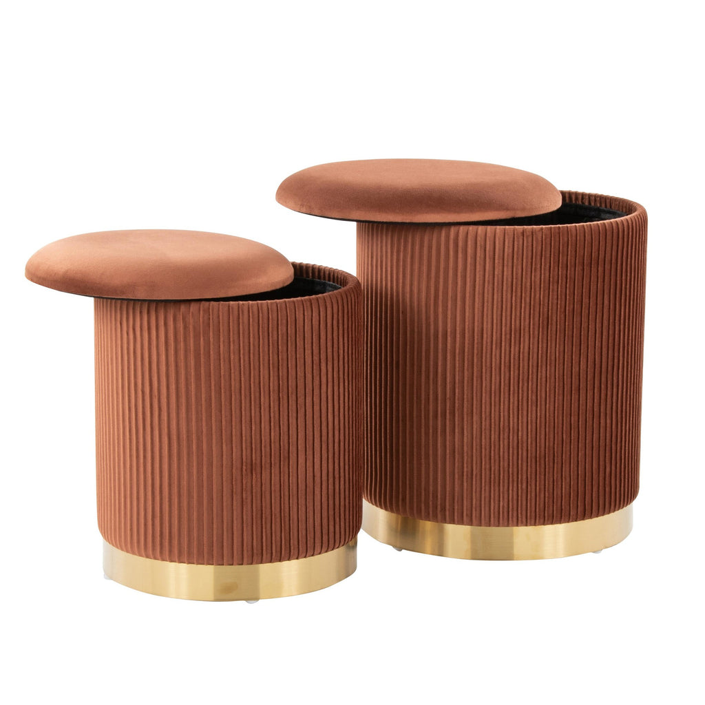 Marla Nesting Pleated Ottoman Set - Gold Metal, Light Brown Velvet