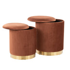 Marla Nesting Pleated Ottoman Set - Gold Metal, Light Brown Velvet