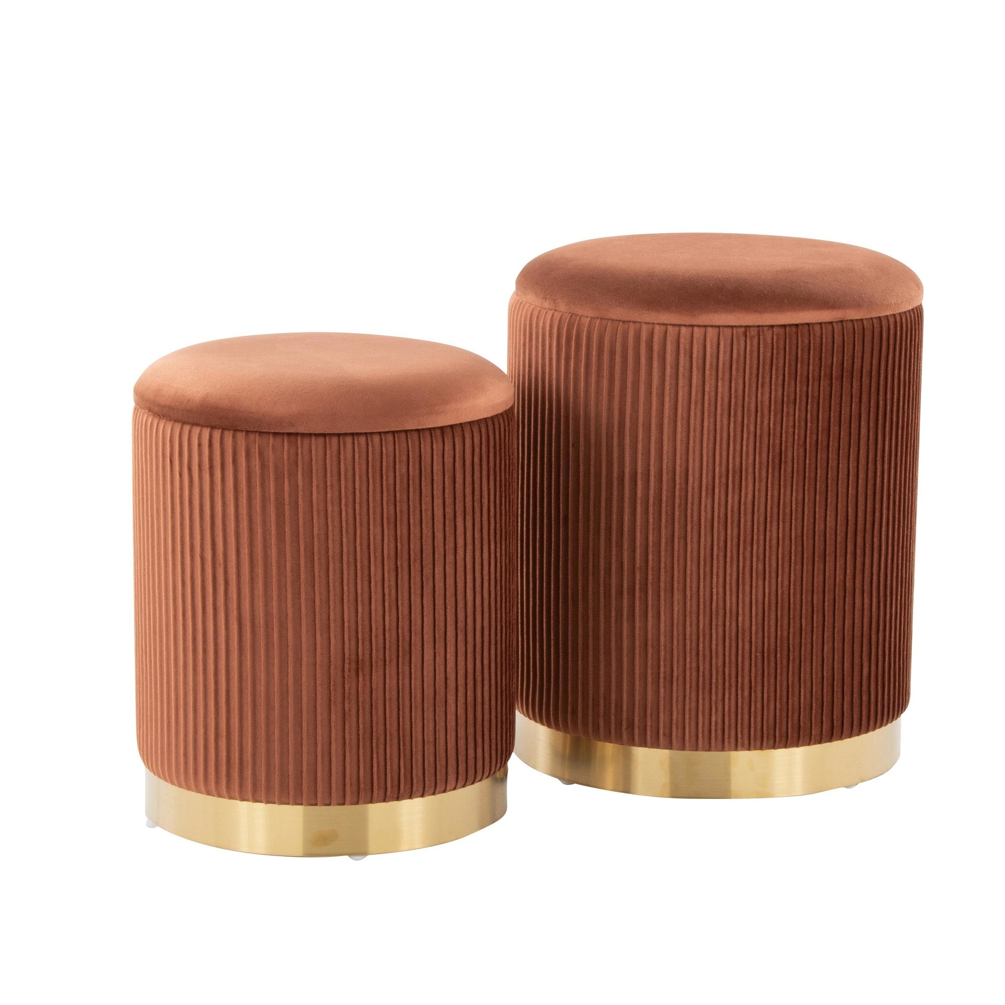 Marla Nesting Pleated Ottoman Set - Gold Metal, Light Brown Velvet