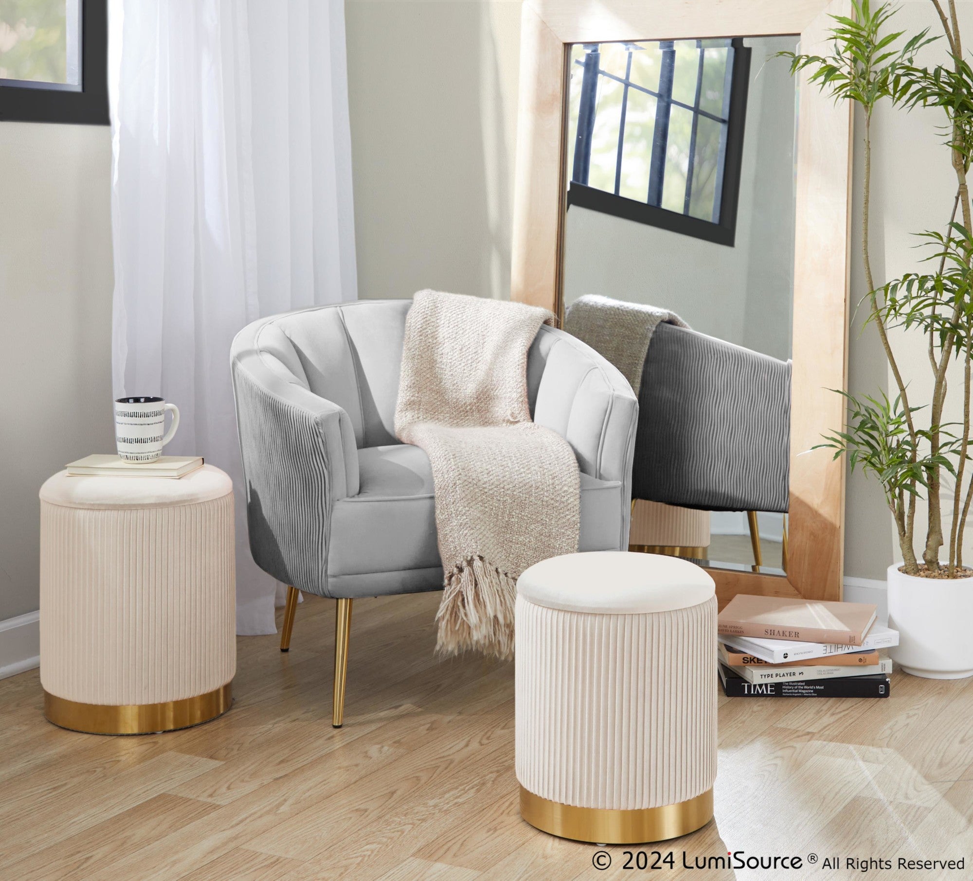 Tania Pleated Waves Accent Chair - Gold Steel, Silver Velvet