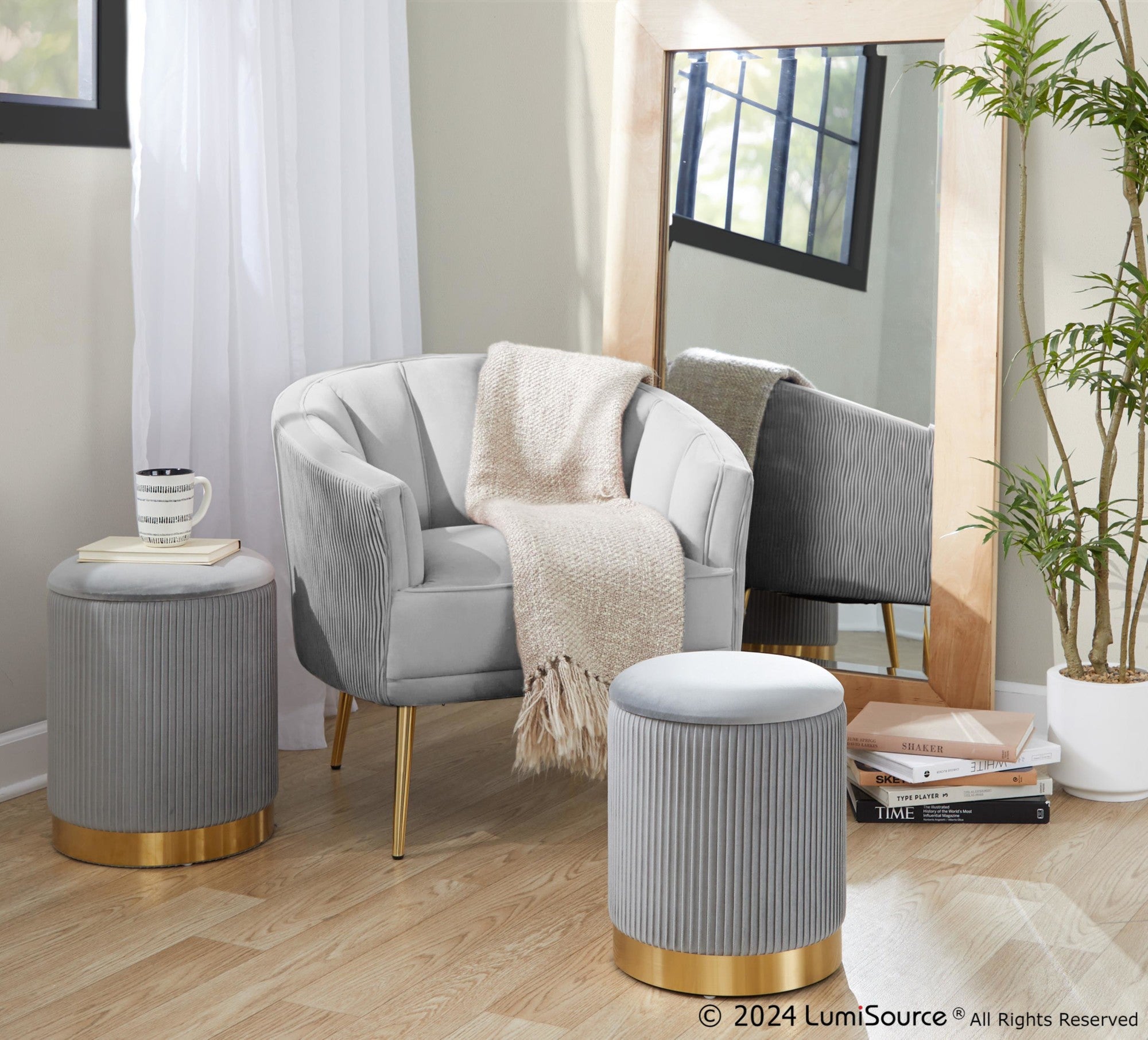 Marla Nesting Pleated Ottoman Set - Gold Metal, Grey Velvet