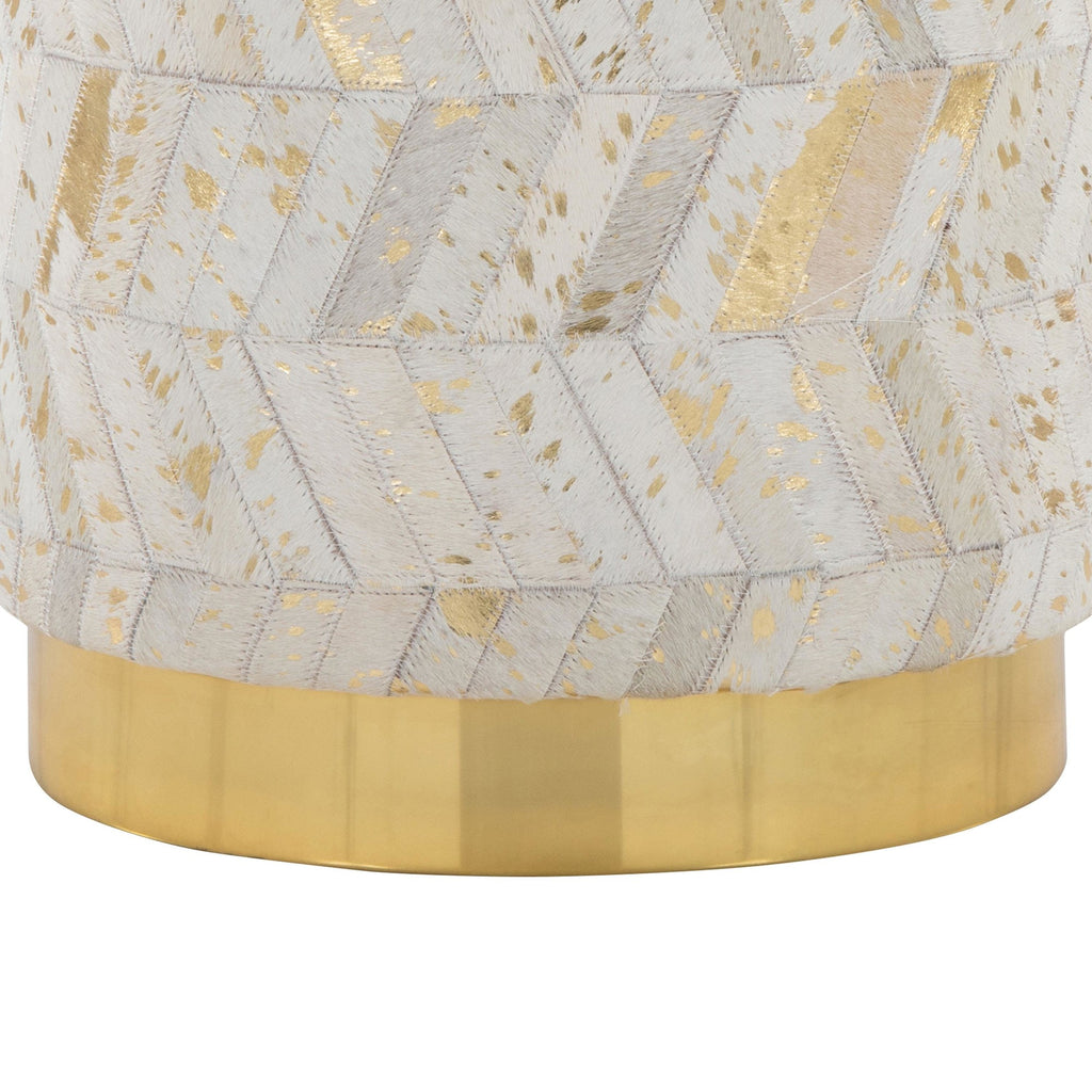 Oro 18" Ottoman - Gold Metal, Ivory Leather, Gold Splatter