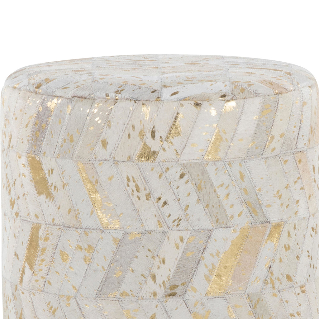 Oro 18" Ottoman - Gold Metal, Ivory Leather, Gold Splatter