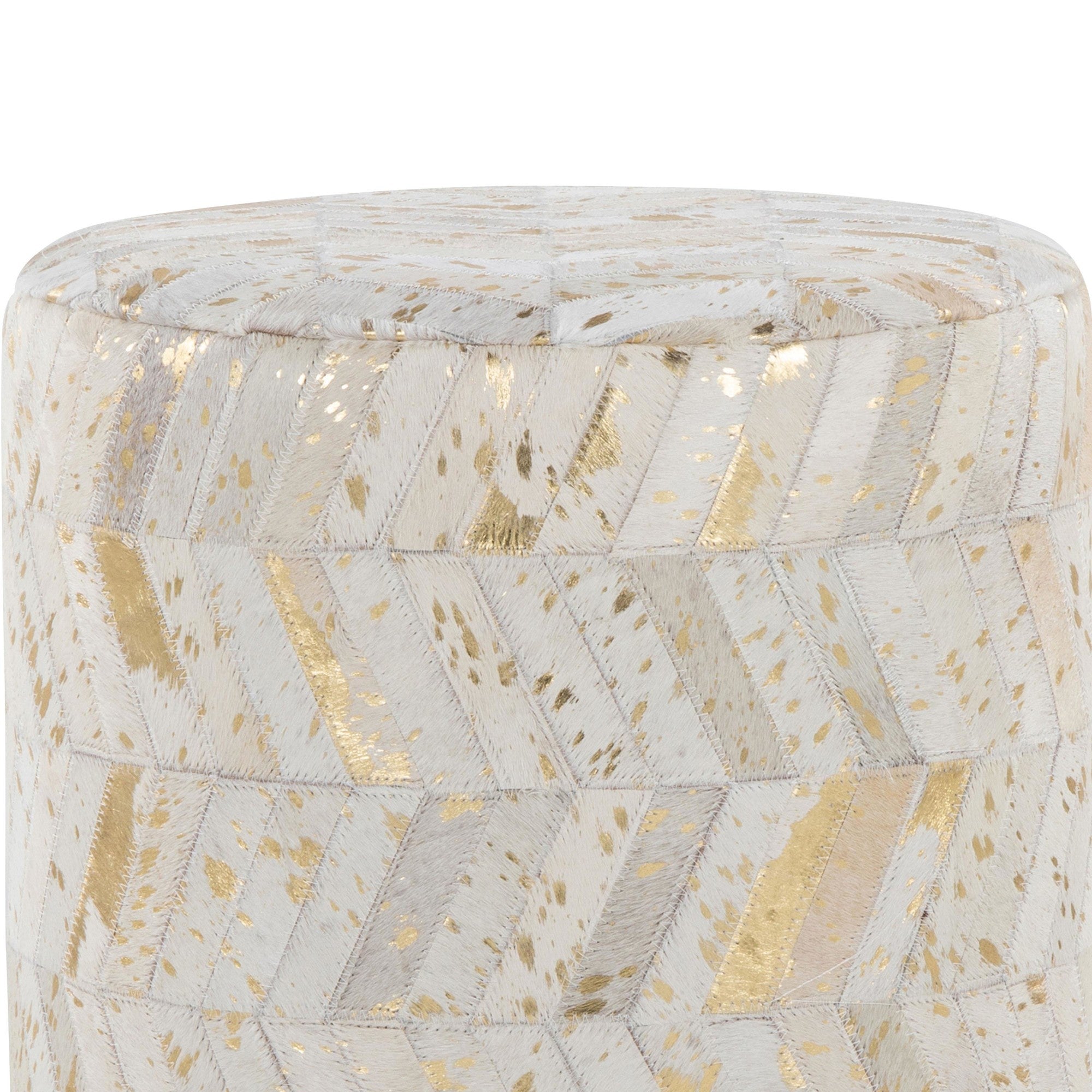 Oro 18" Ottoman - Gold Metal, Ivory Leather, Gold Splatter