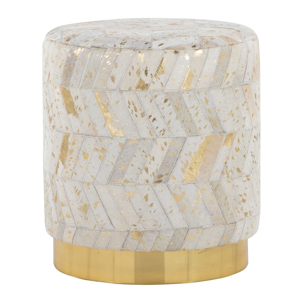 Oro 18" Ottoman - Gold Metal, Ivory Leather, Gold Splatter