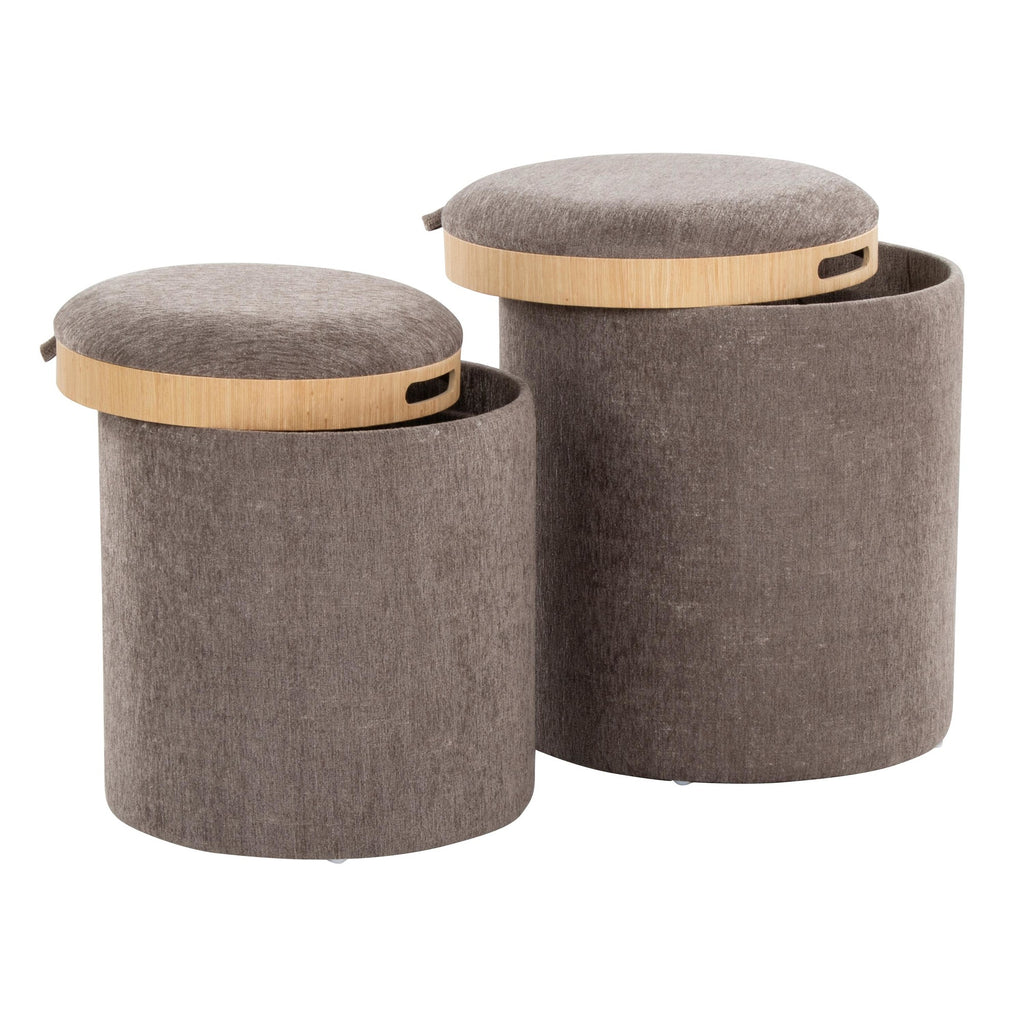 Tray Nesting Ottoman Set - Brown Fabric, Natural Wood