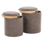 Tray Nesting Ottoman Set - Brown Fabric, Natural Wood