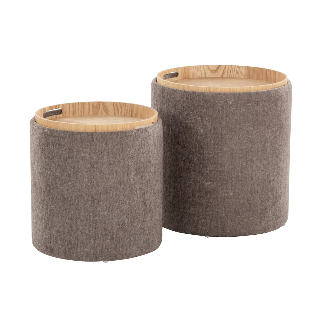 Tray Nesting Ottoman Set - Brown Fabric, Natural Wood