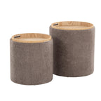 Tray Nesting Ottoman Set - Brown Fabric, Natural Wood