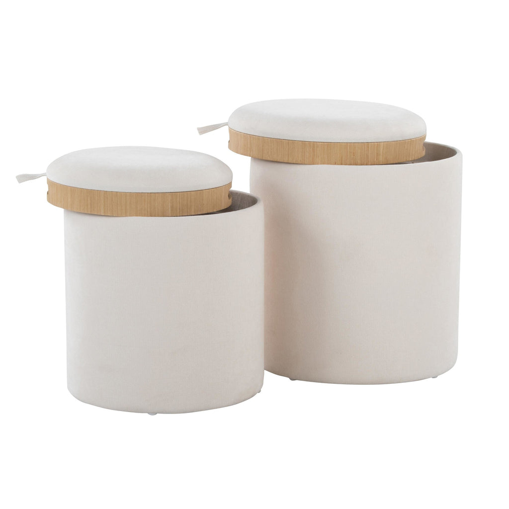 Tray Nesting Ottoman Set - Cream Fabric, Natural Wood